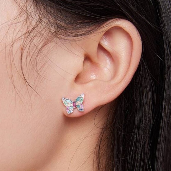 925 Sterling silver Butterfly 🦋 Enamel Colorful  CZ Stud Earrings - Picture 2 of 9